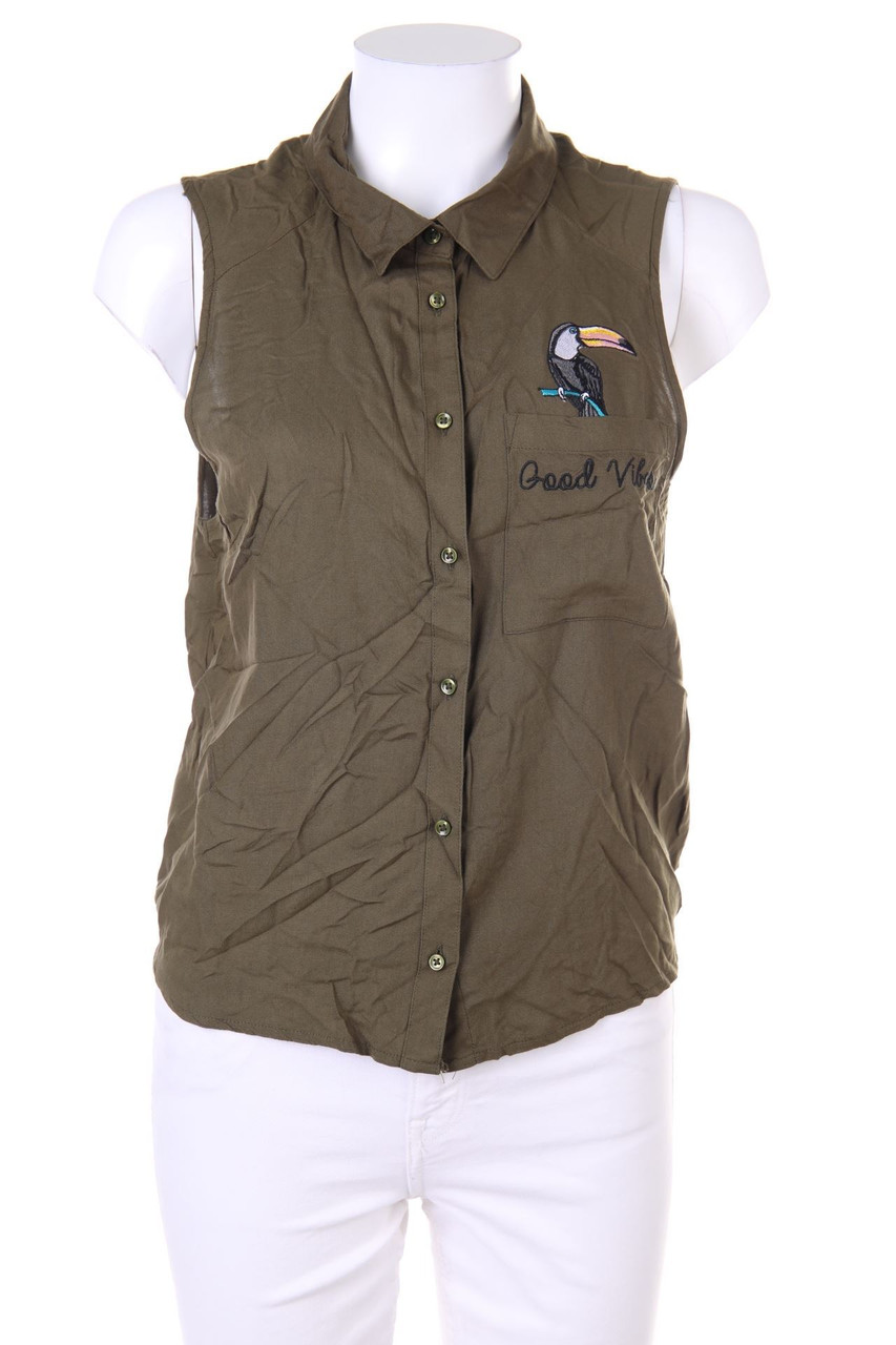 TALLY WEiJL - Sleeveless Shirt Blouse, Safari Style with Embroideries - L
