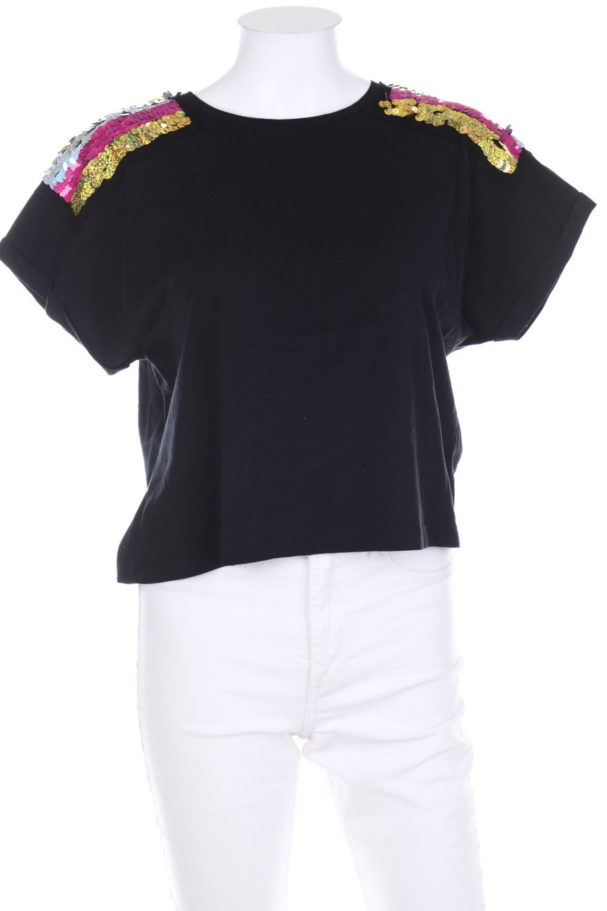 even&odd - Cropped-Kurzarm-Shirt mit Pailletten - L