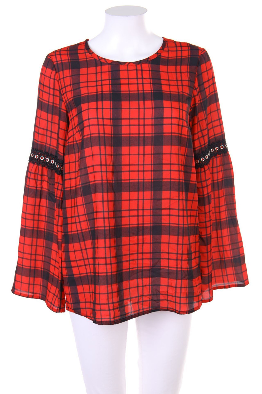 RAINBOW - Checked Blouse with Trumpet Sleeves - D 36