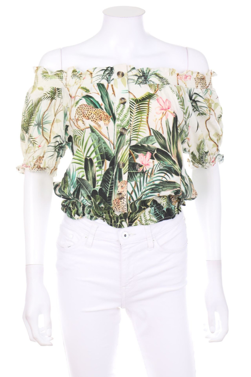 H&M - Carmen-Bluse mit Leinen mit Tropical Print - D 32