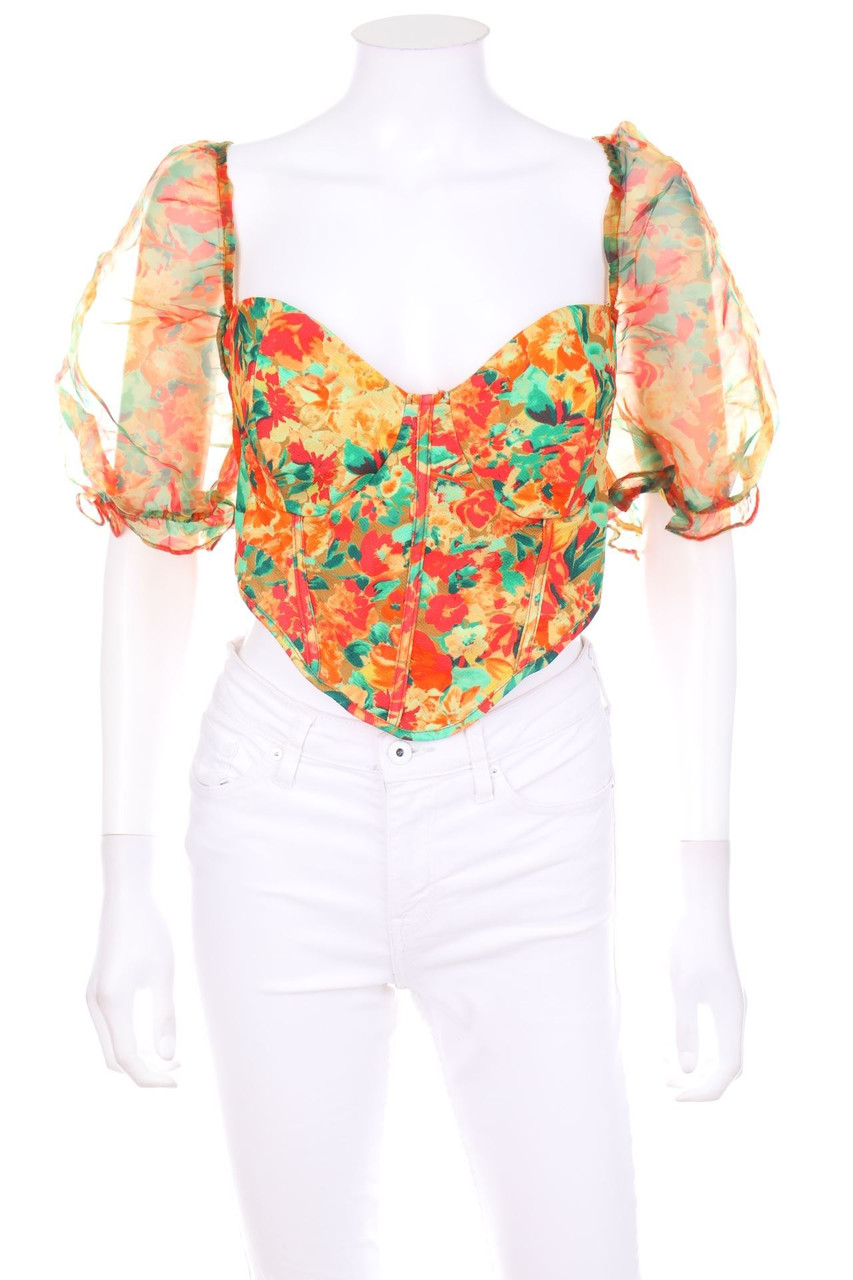 SHEIN CURVE - Cropped-Print-Kurzarm-Bluse mit Puffärmeln - D 48