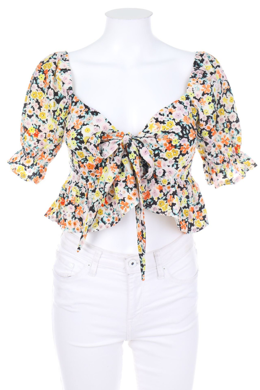 No Label - Cropped-Print-Shortsleeve Blouse to tie - D 32