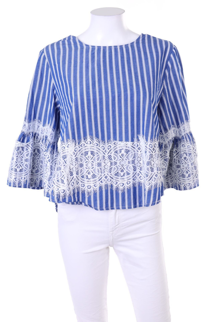 No Label - Stripe Blouse with Lace - L