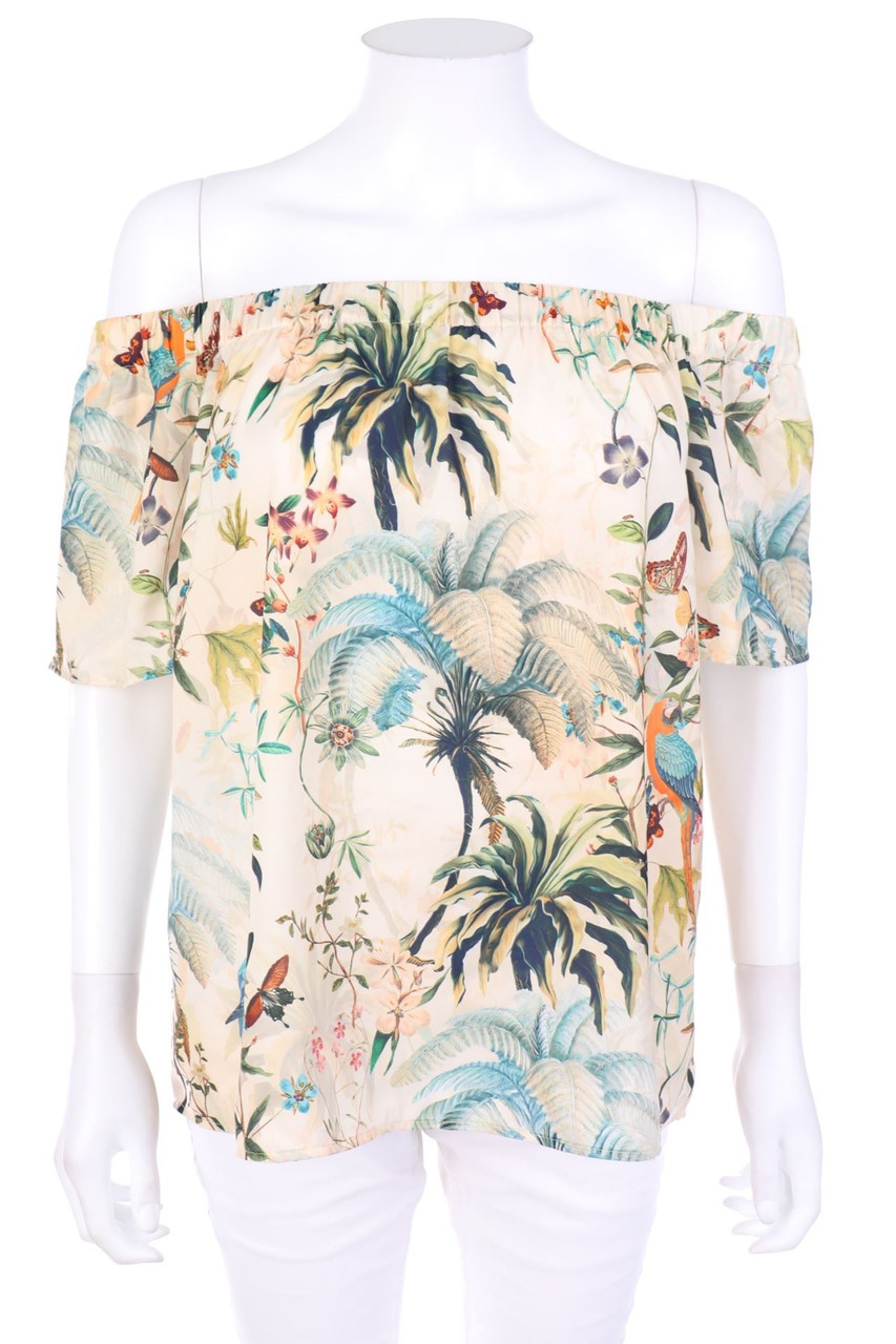 H&M - Carmen-Bluse aus Satin mit Tropical Print - M