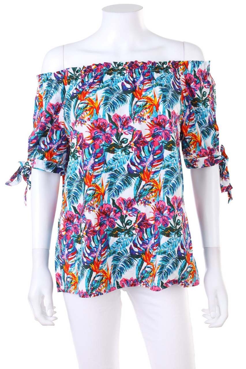 manguun - Carmen-Shortsleeve Blouse with Tropical Print - D 38