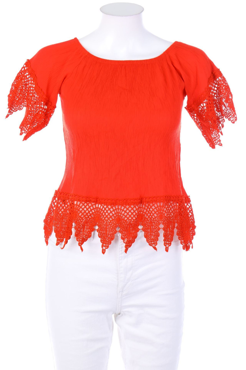 No Label - Boho-Shortsleeve Blouse with Lace - D 32