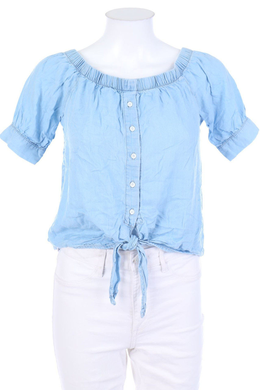 Noisy May - Cropped-Carmen-Bluse in Denim-Optik zum Knoten - XS