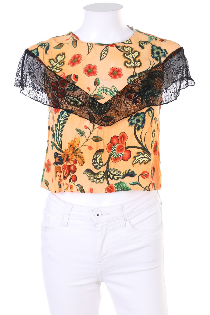 ZARA TRF - Cropped-Kurzarm-Bluse mit floralem Muster mit Spitzen-Einsatz - S