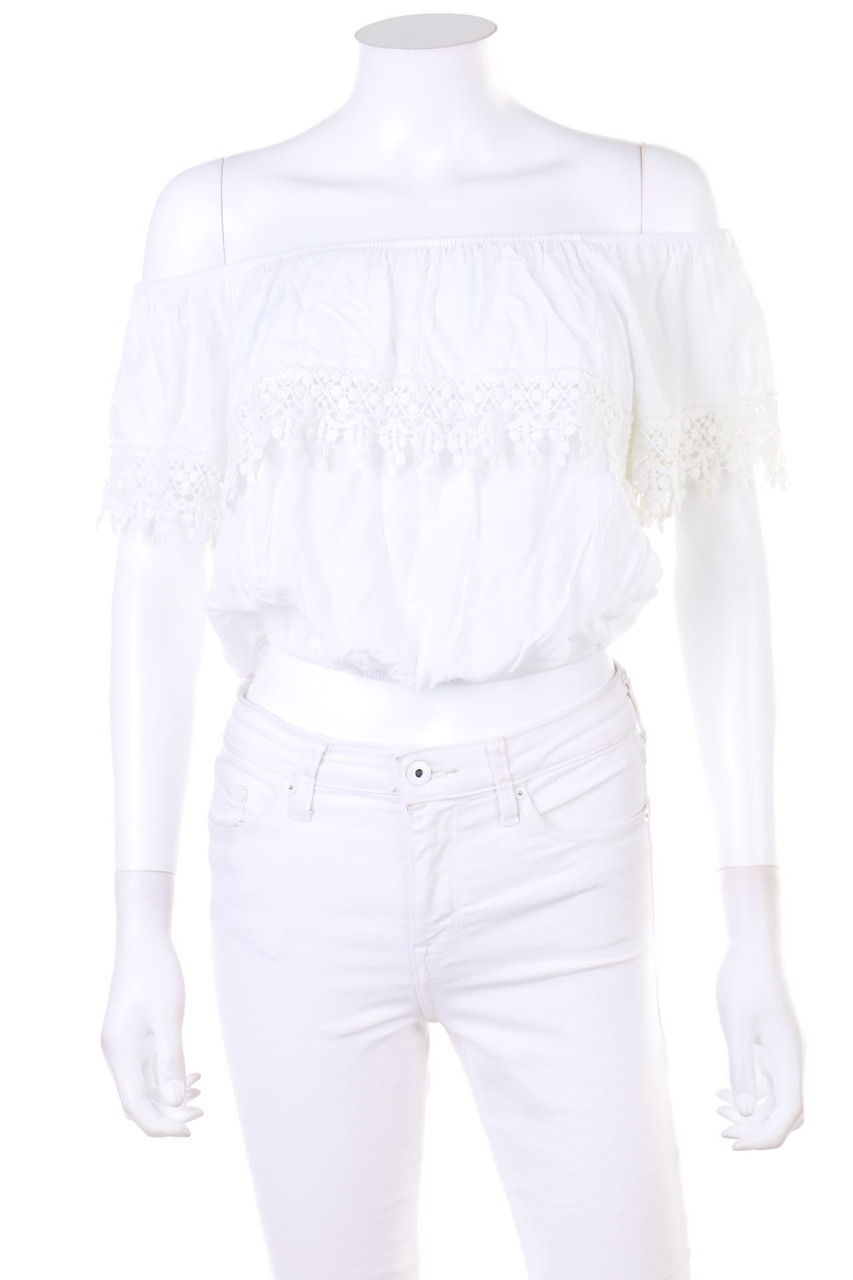 zebra - Cropped-Off-the-shoulder blouse with Crochet Knit Details - XS