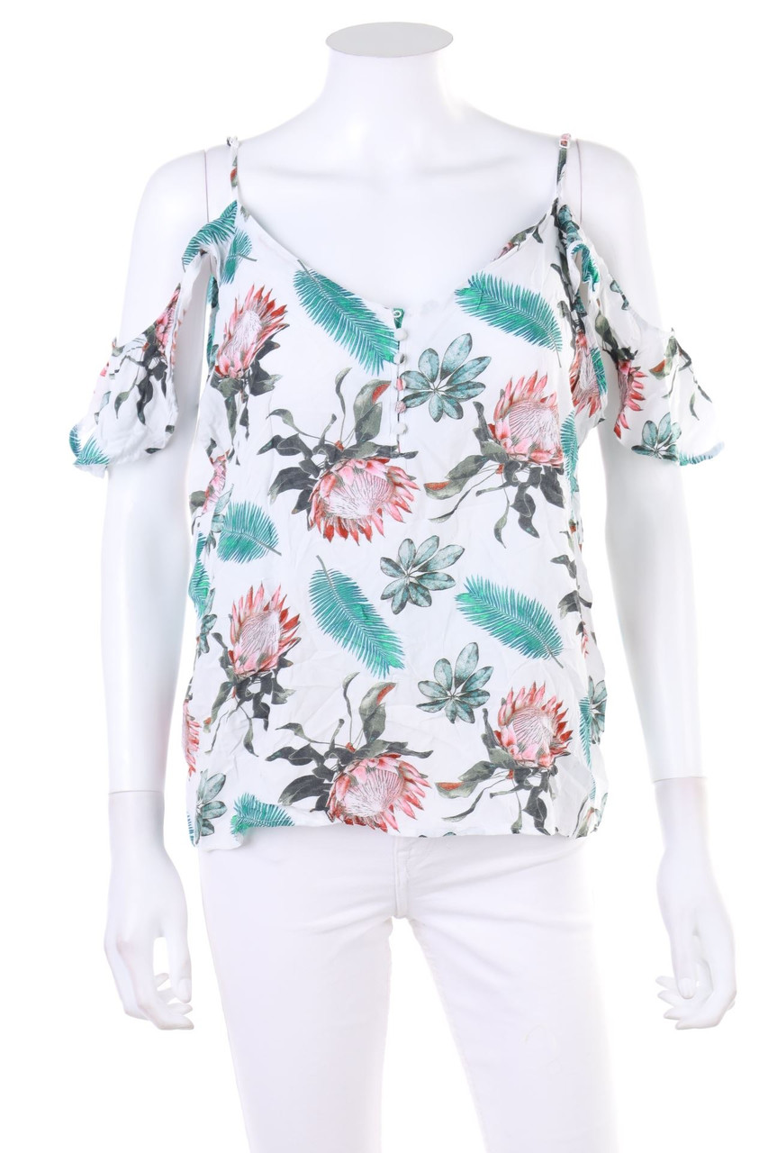 No Label - Cold-Shoulder-Blouse with Flower Print - D 44-46