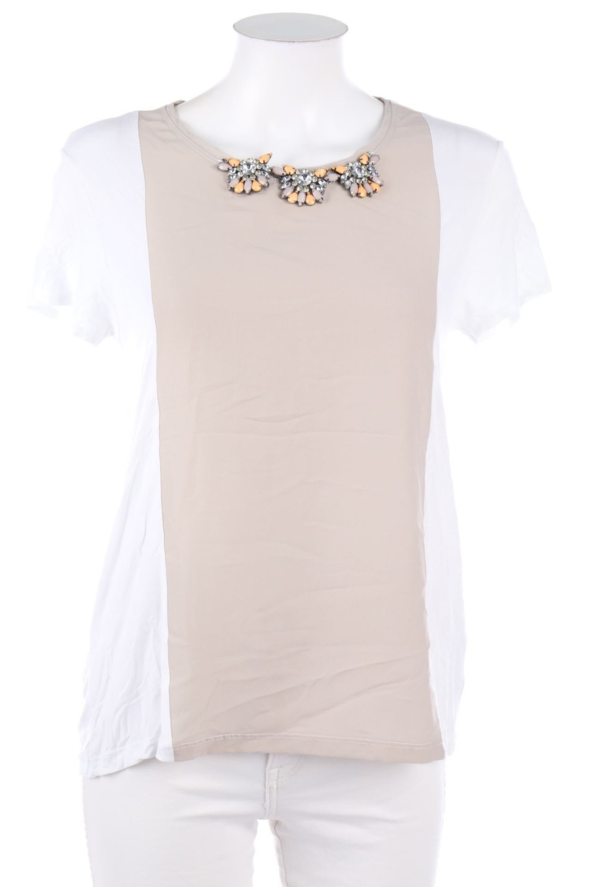 ZARA W&B - Kurzarm-Shirt mit Schmuckstein-Applikation - M