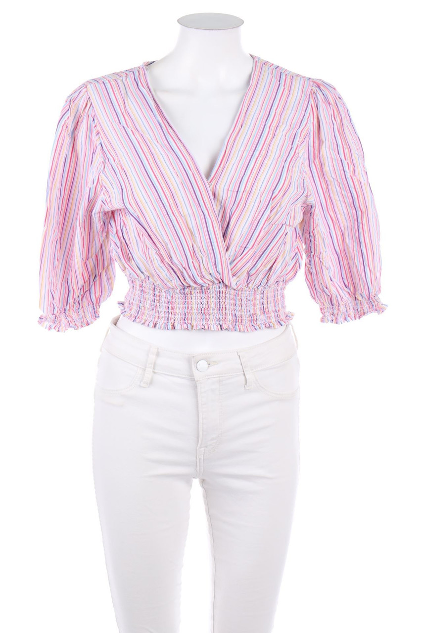 No Label - Cropped-Stripe Blouse with Puffy Sleeves - D 38