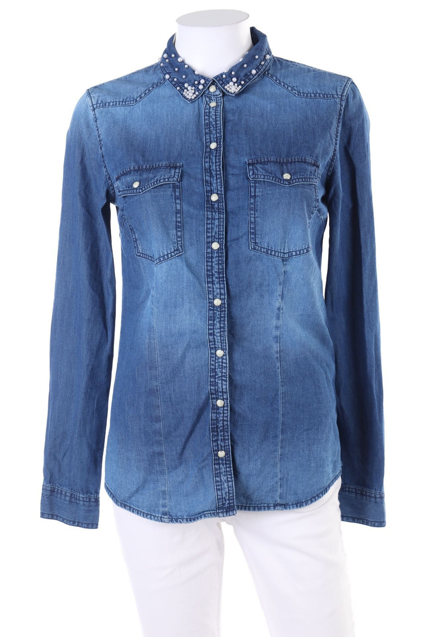 ONLY - Hemd-Bluse in Denim-Optik mit Perlen - D 34