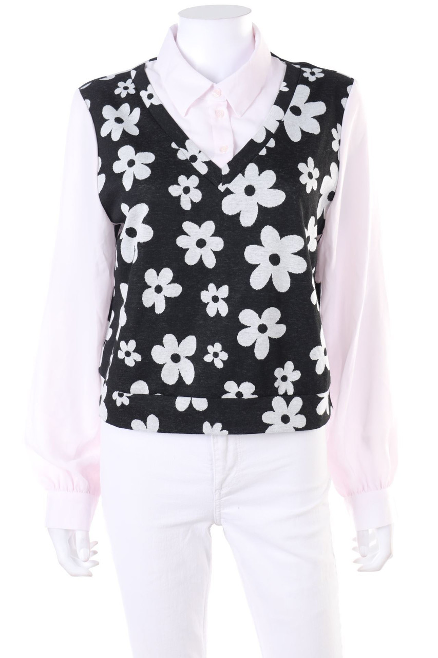 No Label - Blouse, Layer Look with Flower Print - L