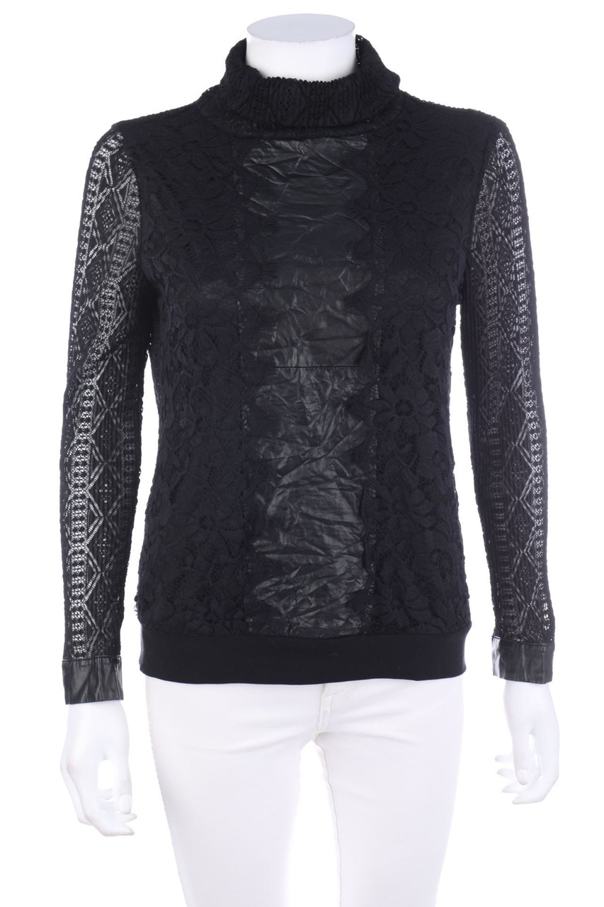 No Label - Lace-Blouse with Faux Leather Details - S
