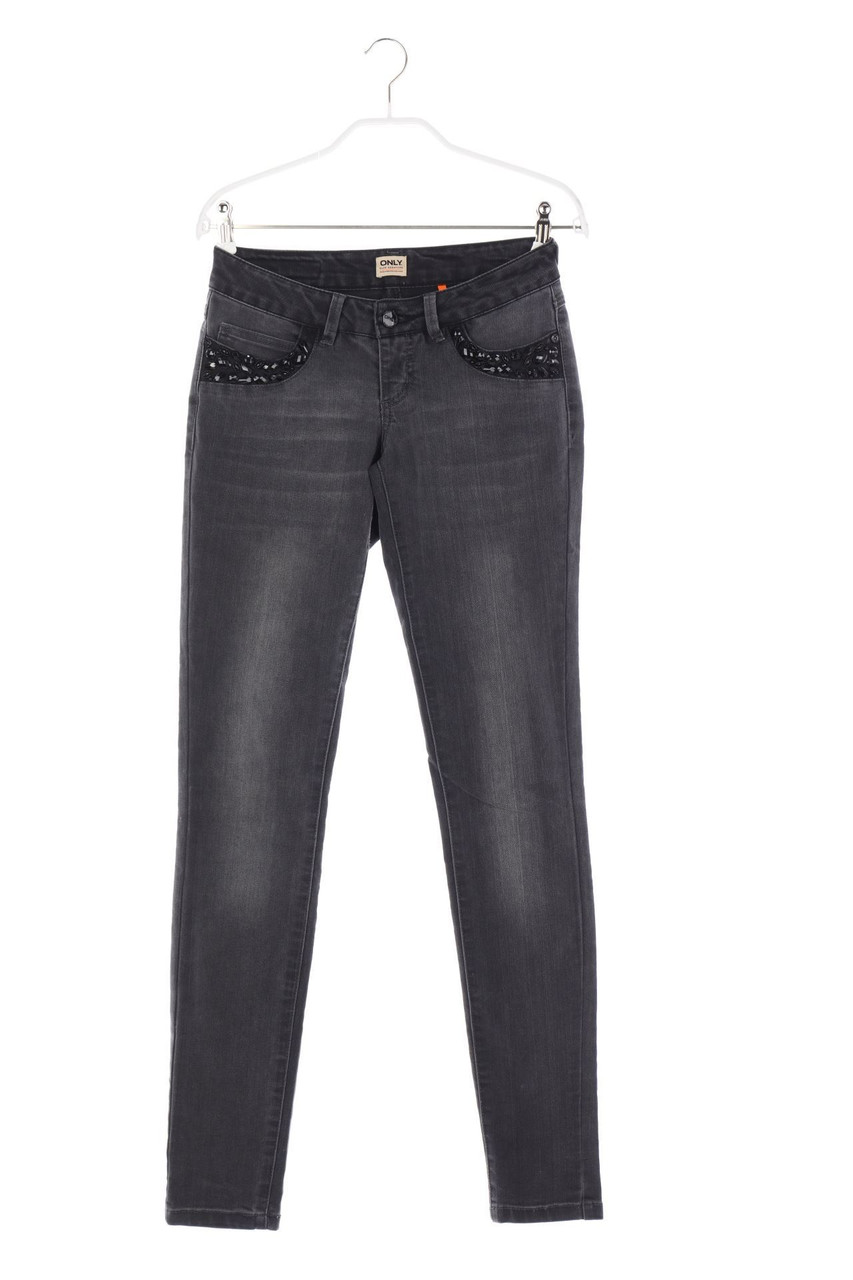 ONLY - Used Look Skinny-Jeans mit Schmuckstein-Applikation - W26
