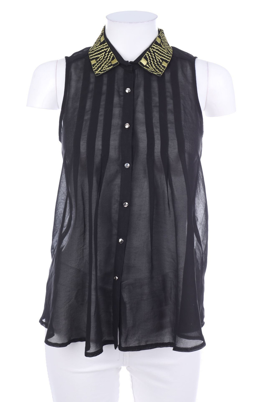 Ohne Label - ärmellose Hemd-Bluse mit Stickereien - D 32-34