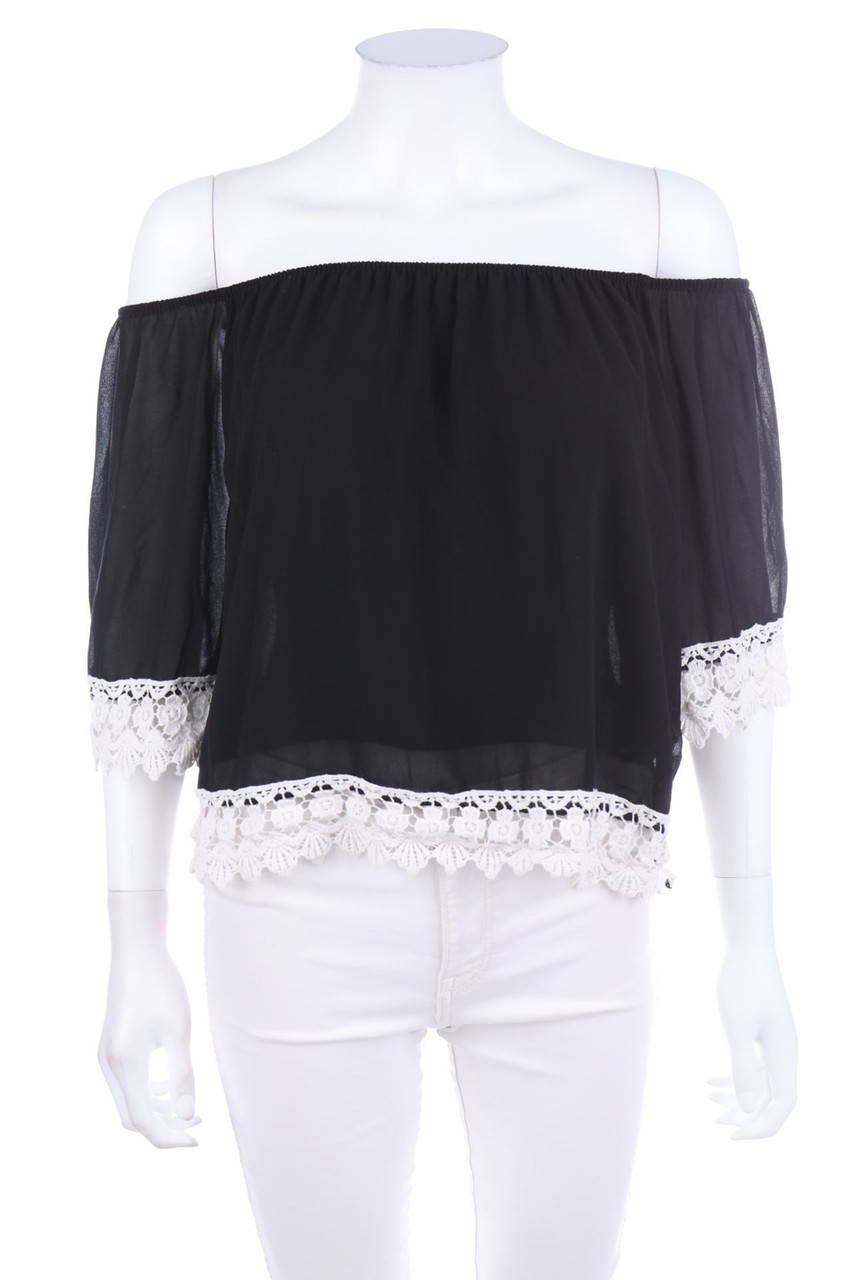 No Label - Cropped-Off-the-shoulder blouse with Lace - D 36