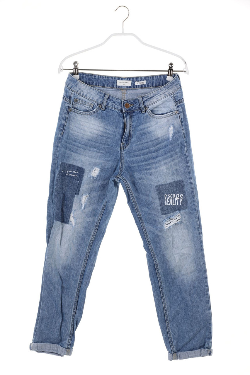 RESERVED - Destroyed Boyfriend Jeans with Statement Print - D 36