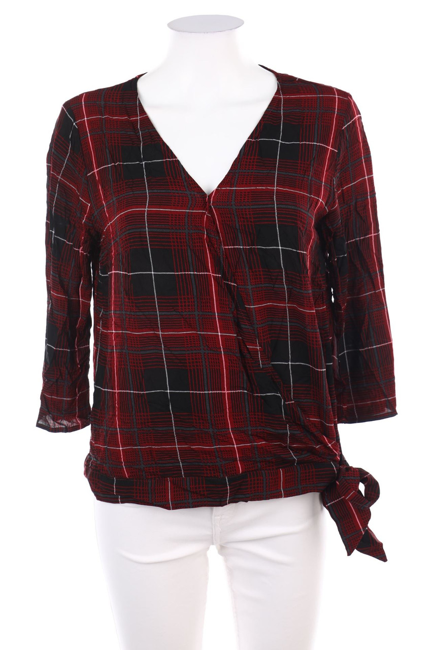 No Label - Checked Blouse with 3/4 Sleeve with Wrap-Effect - L