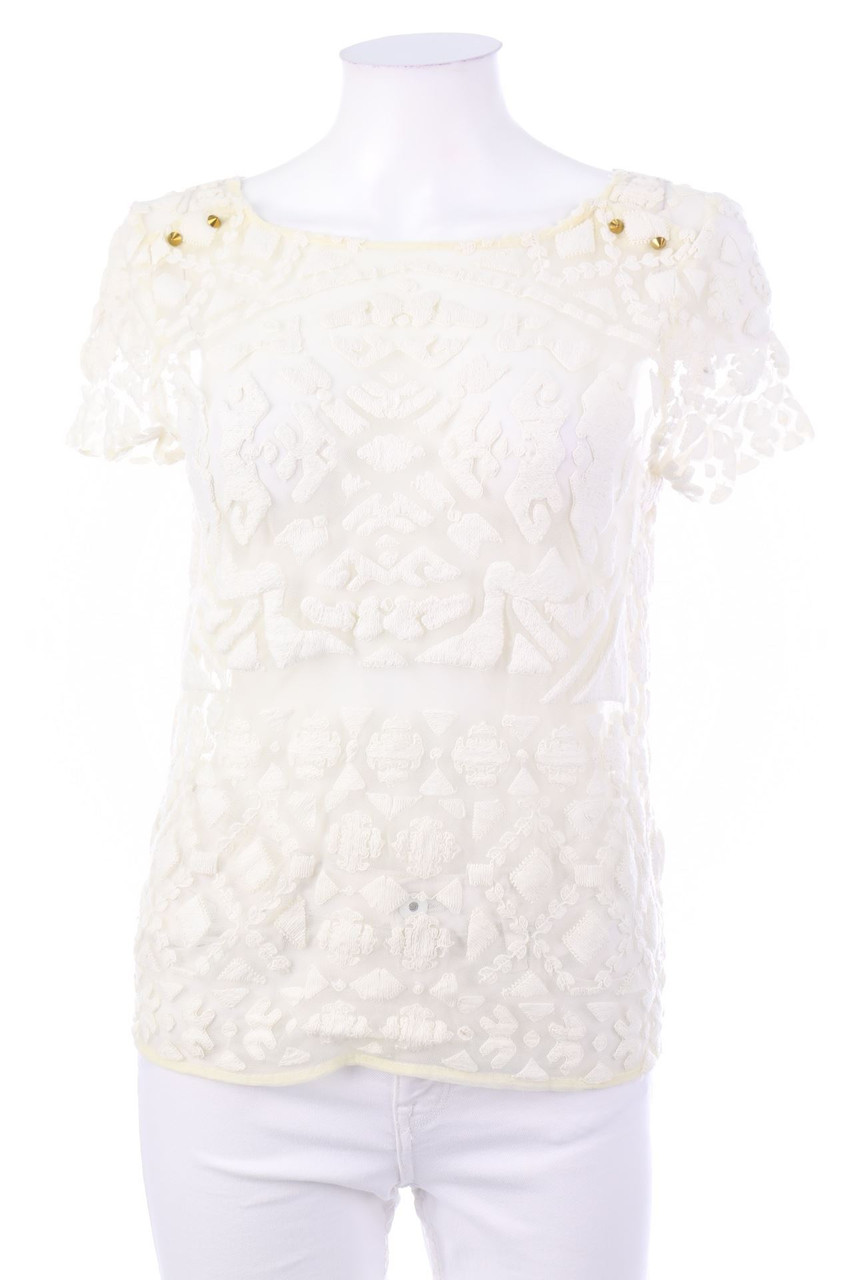 No Label - Mesh-Shortsleeve Blouse with Embroideries - M