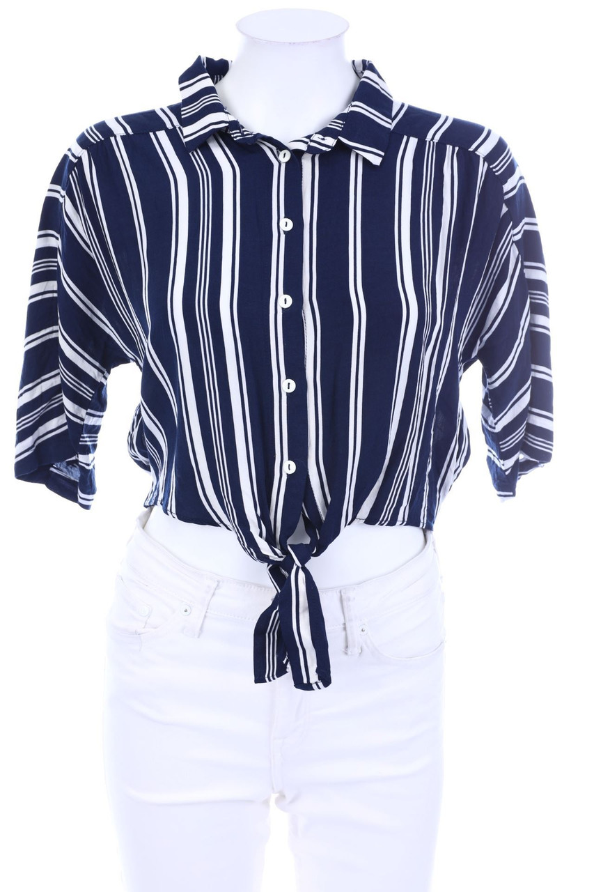 nunui - Cropped-Streifen-Hemd-Bluse mit kurzem Ärmel zum Knoten - D 36