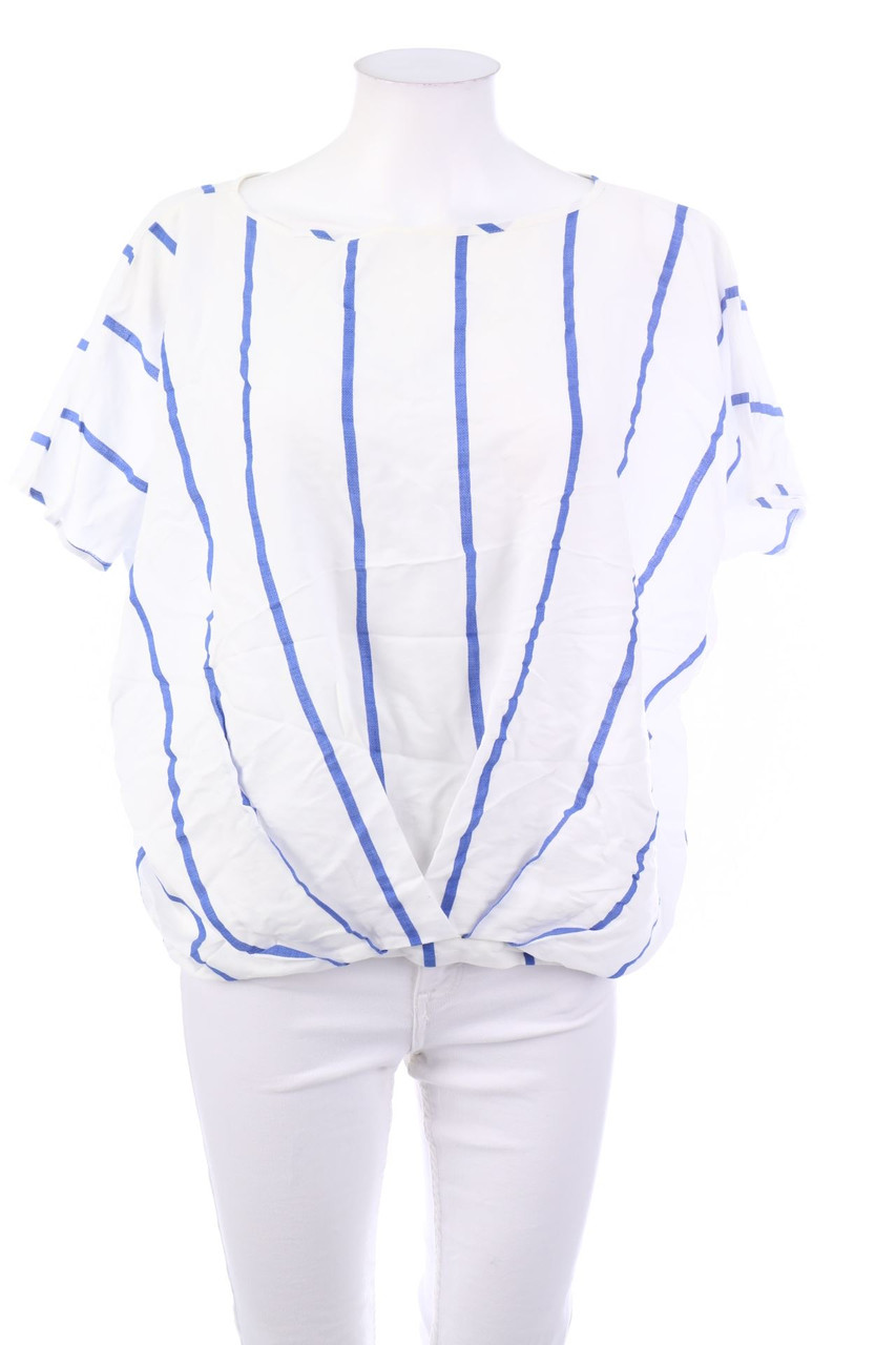 amy by AMY VERMONT - Stripe Shortsleeve Blouse with Draping - L