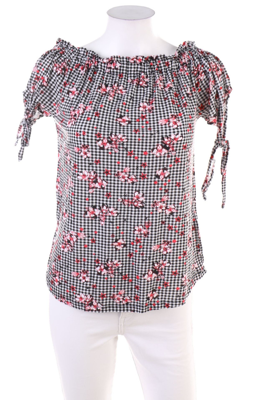 COLOURS OF THE WORLD - Karo-Kurzarm-Shirt mit Blumen-Print - XS