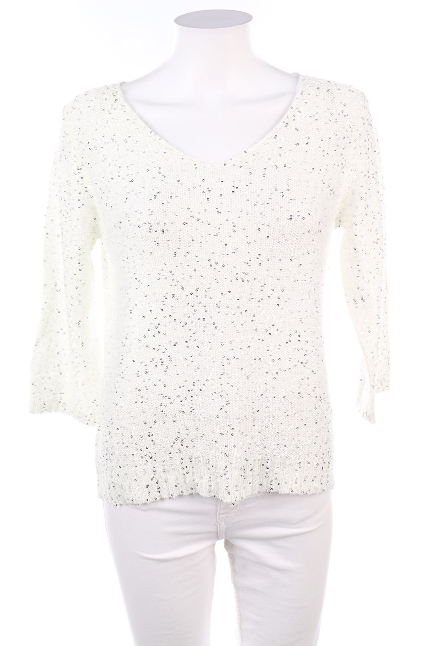 RESERVED - Cropped-Sleeve V-Neck Pullover with Sequins - S