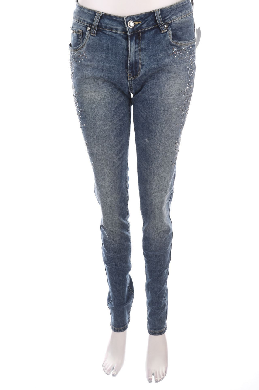 Ohne Label - Y2K-Used Look Skinny-Jeans mit Strass-Steinen - D 42