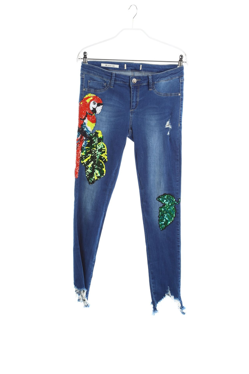 Ohne Label - Used Look Skinny-Jeans mit Pailletten - S