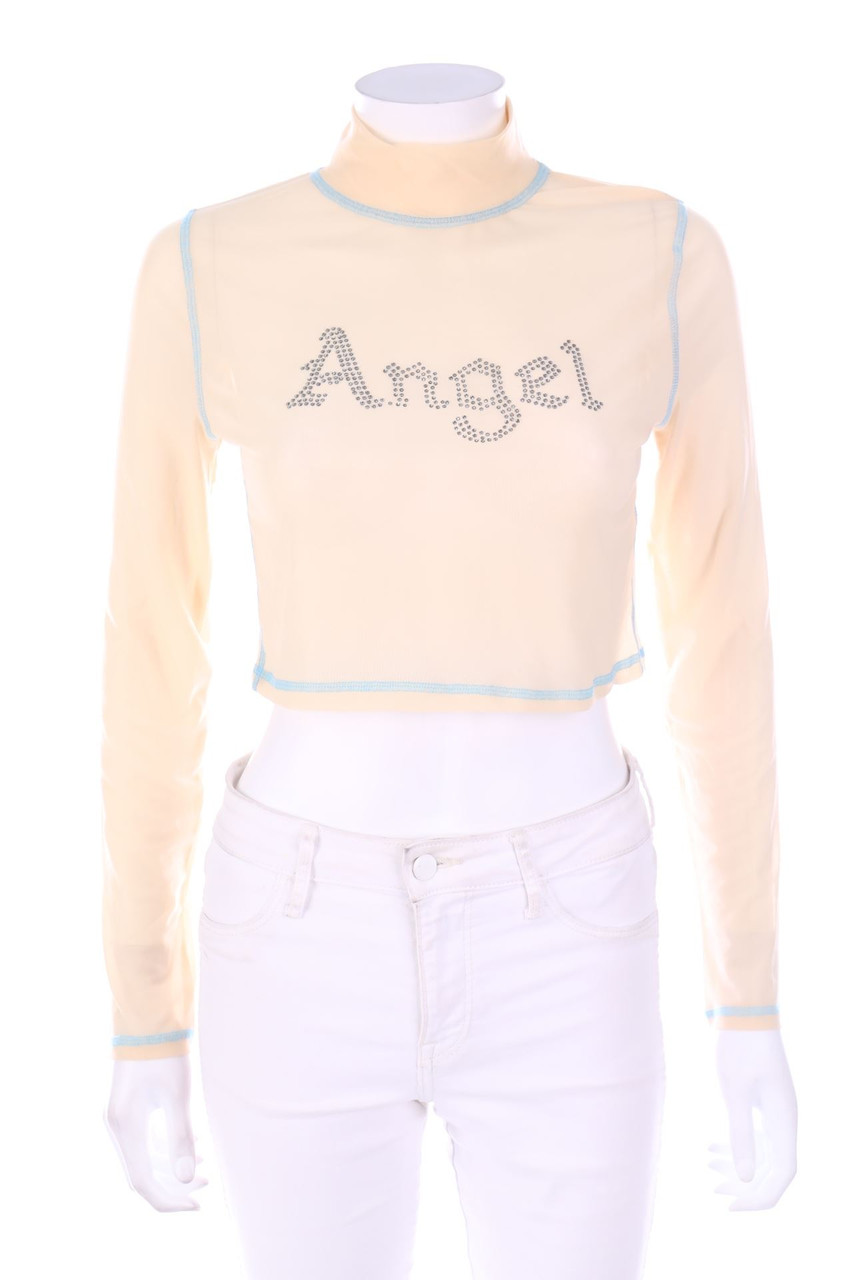 URBAN OUTFITTERS - Mesh-Cropped-Shirt with Rhinestone Logo - S