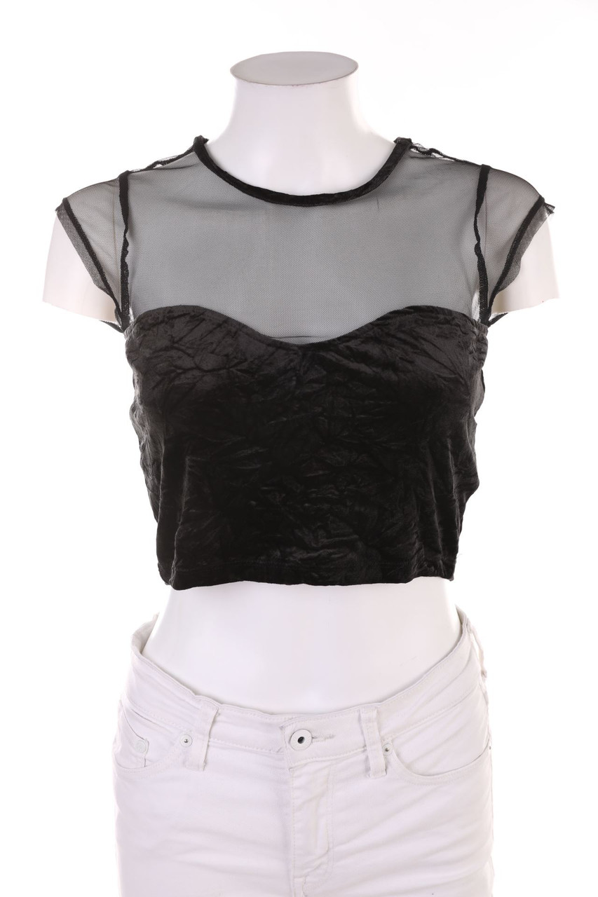even&odd - Velvet Cropped-Shirt with Mesh Insert - S