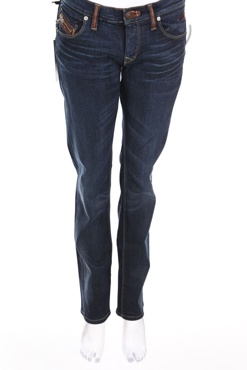 TAKE TWO - Used Look Straight Cut Jeans mit Logo-Applikation - W31